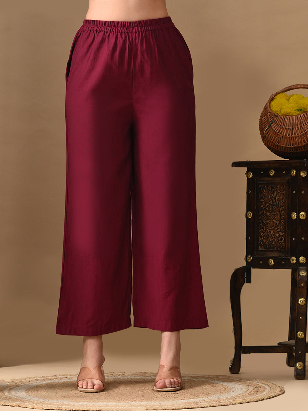 Myshka Wine Silk Blend Straight Round Neck Long Sleeves Kurta Trousers With Dupatta