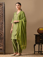 Thumbnail for Myshka Green Silk Blend Straight V-Neck Three-Quarter Sleeves Kurta Trousers With Dupatta