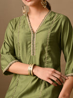 Thumbnail for Myshka Green Silk Blend Straight V-Neck Three-Quarter Sleeves Kurta Trousers With Dupatta