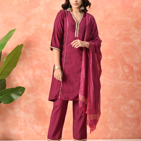 Myshka Wine Silk Blend Straight V-Neck Three-Quarter Sleeves Kurta Trousers With Dupatta - Distacart