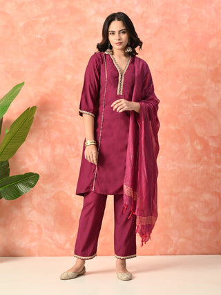 Myshka Wine Silk Blend Straight V-Neck Three-Quarter Sleeves Kurta Trousers With Dupatta - Distacart