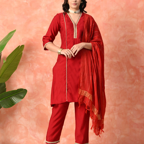 Myshka Red Silk Blend Straight V-Neck Three-Quarter Sleeves Kurta Trousers With Dupatta - Distacart