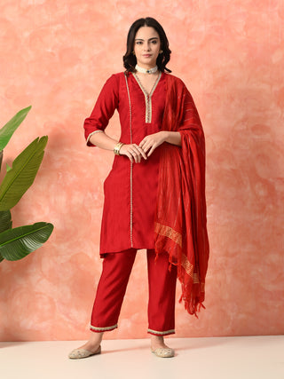 Myshka Red Silk Blend Straight V-Neck Three-Quarter Sleeves Kurta Trousers With Dupatta