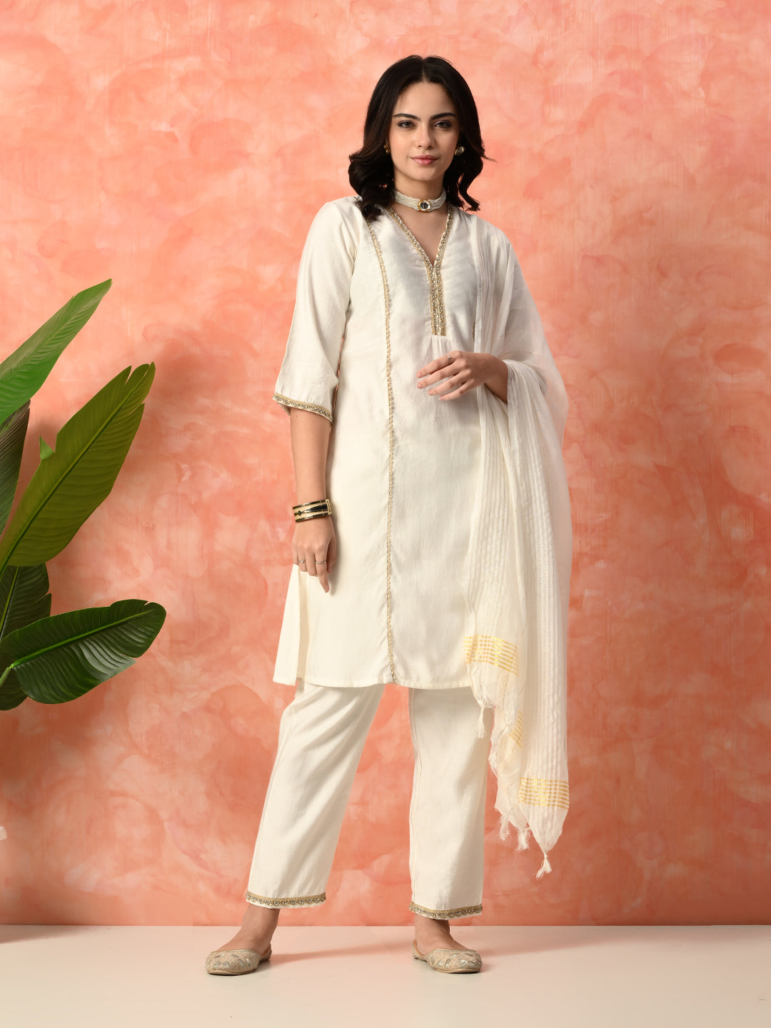 Myshka White Silk Blend Straight V-Neck Three-Quarter Sleeves Kurta Trousers With Dupatta - Distacart