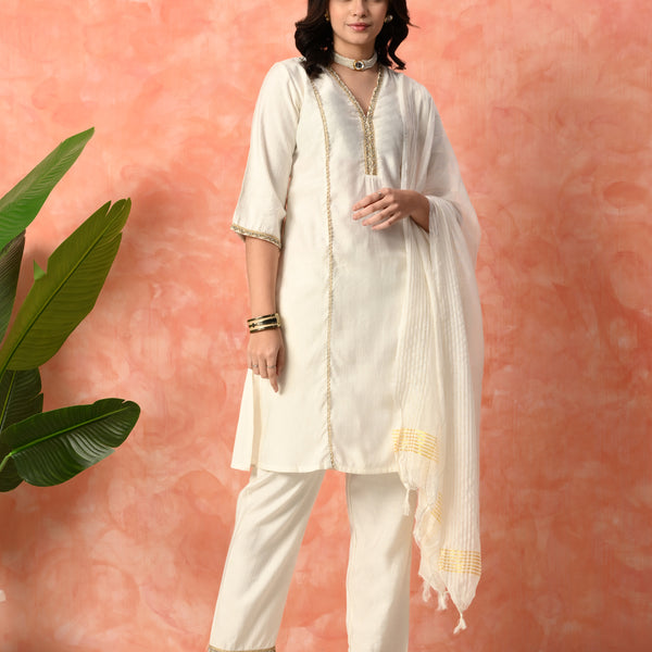 Myshka White Silk Blend Straight V-Neck Three-Quarter Sleeves Kurta Trousers With Dupatta - Distacart