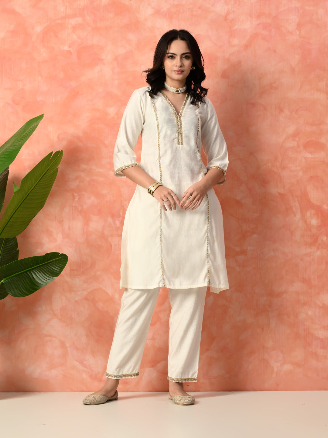 Myshka White Silk Blend Straight V-Neck Three-Quarter Sleeves Kurta Trousers With Dupatta - Distacart