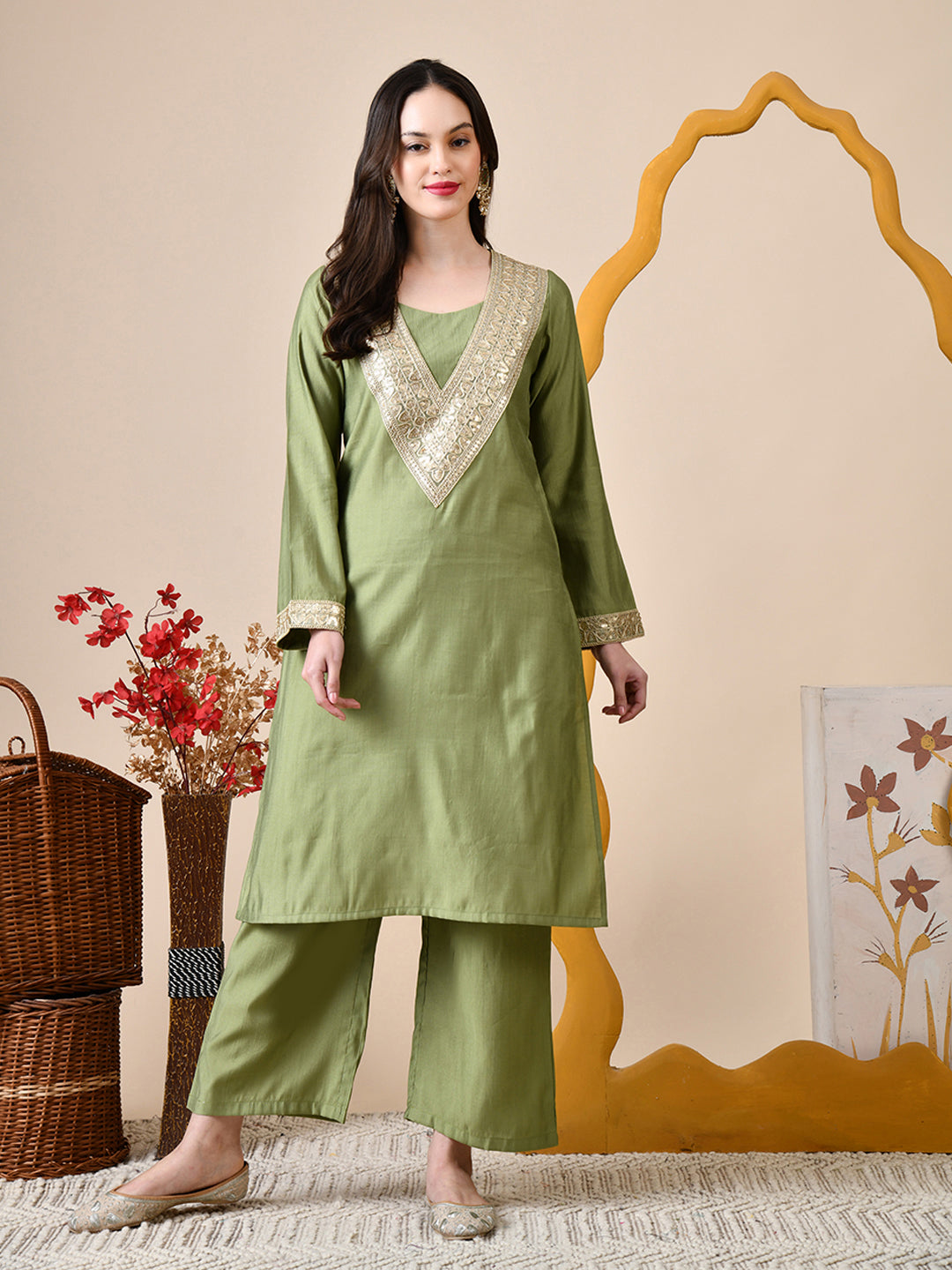 Myshka Green Silk Blend Straight Round Neck Long Sleeves Kurta Trousers Set - Distacart