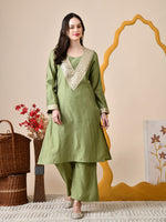 Thumbnail for Myshka Green Silk Blend Straight Round Neck Long Sleeves Kurta Trousers Set