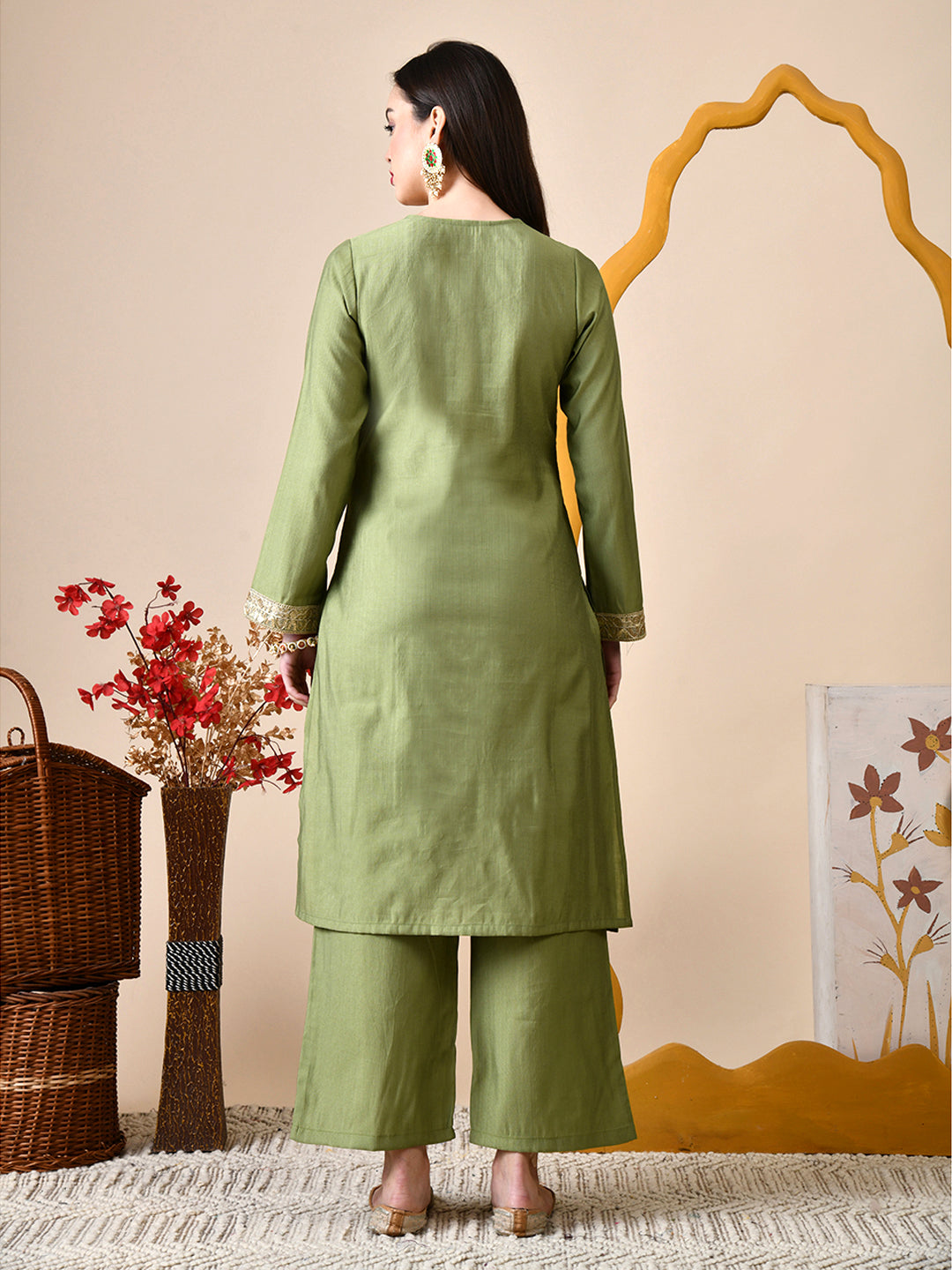 Myshka Green Silk Blend Straight Round Neck Long Sleeves Kurta Trousers Set - Distacart