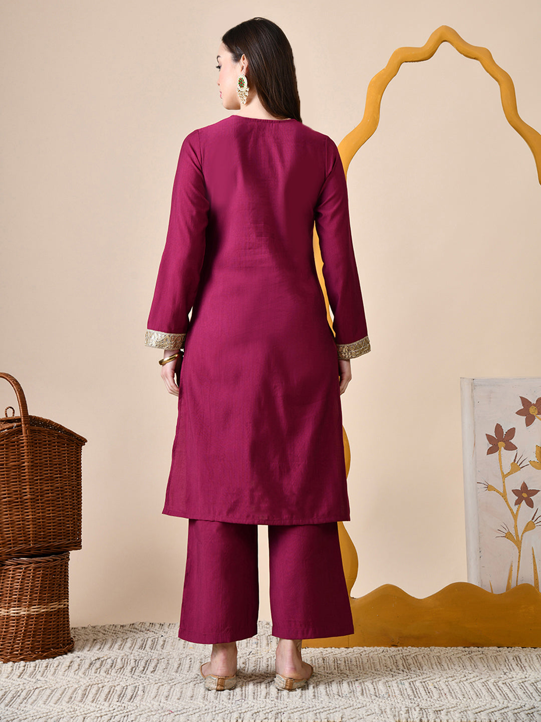 Myshka Wine Silk Blend Straight Round Neck Long Sleeves Kurta Trousers Set - Distacart