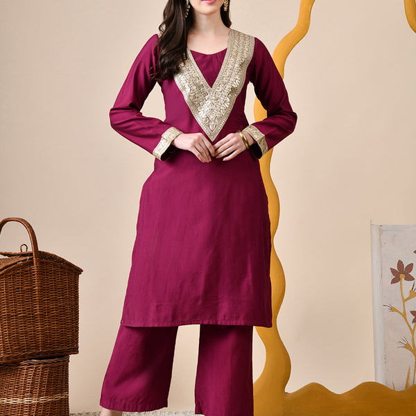 Myshka Wine Silk Blend Straight Round Neck Long Sleeves Kurta Trousers Set - Distacart