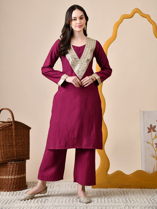 Myshka Wine Silk Blend Straight Round Neck Long Sleeves Kurta Trousers Set - Distacart