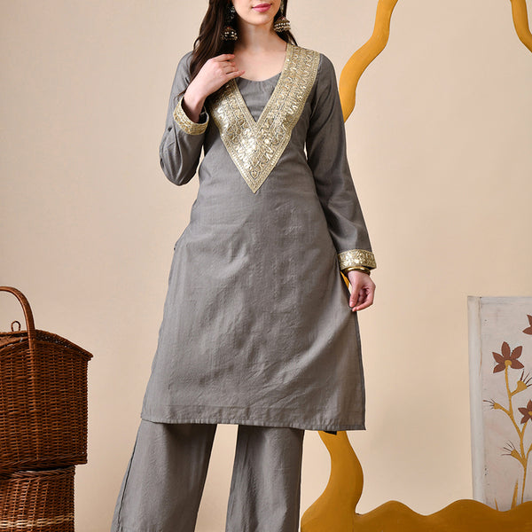 Myshka Gray Silk Blend Straight Round Neck Long Sleeves Kurta Trousers Set - Distacart