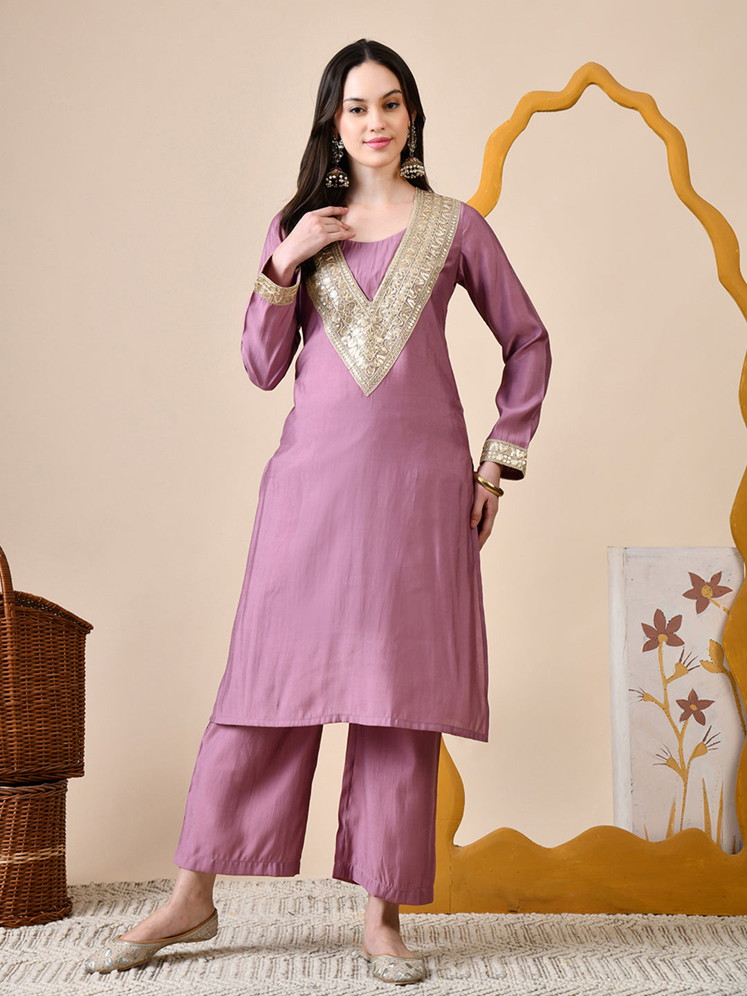 Myshka Lavender Silk Blend Straight Round Neck Long Sleeves Kurta Trousers Set - Distacart