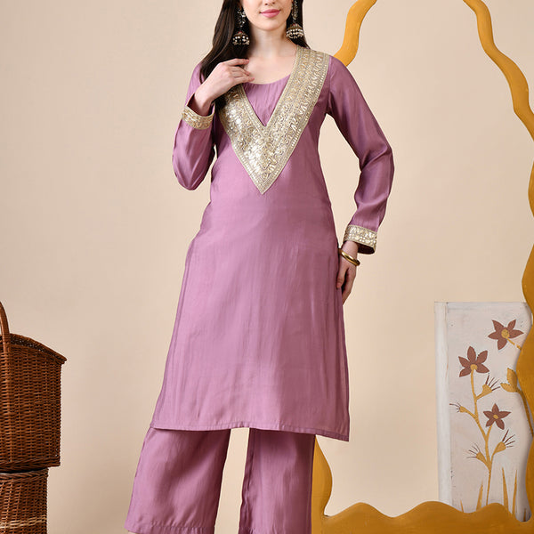 Myshka Lavender Silk Blend Straight Round Neck Long Sleeves Kurta Trousers Set - Distacart