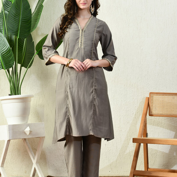 Myshka Gray Silk Blend Straight Round Neck Three-Quarter Sleeves Kurta Trousers Set - Distacart