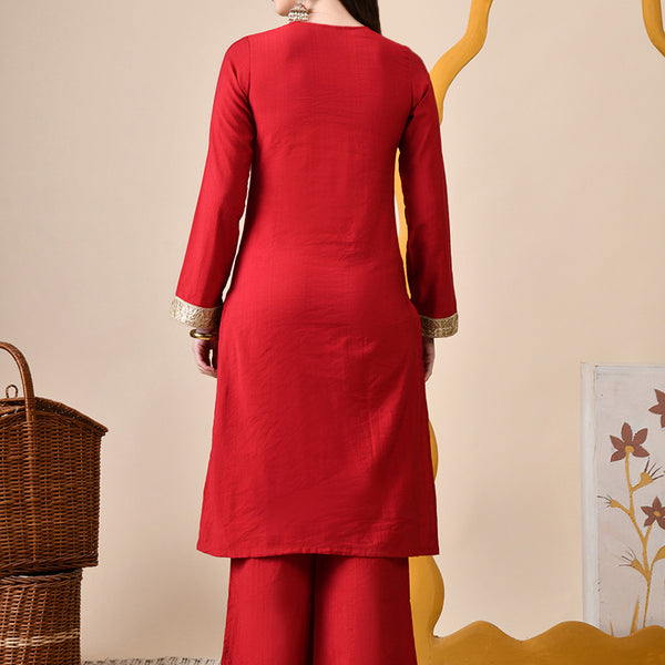 Myshka Red Silk Blend Straight Round Neck Long Sleeves Kurta Trousers Set - Distacart