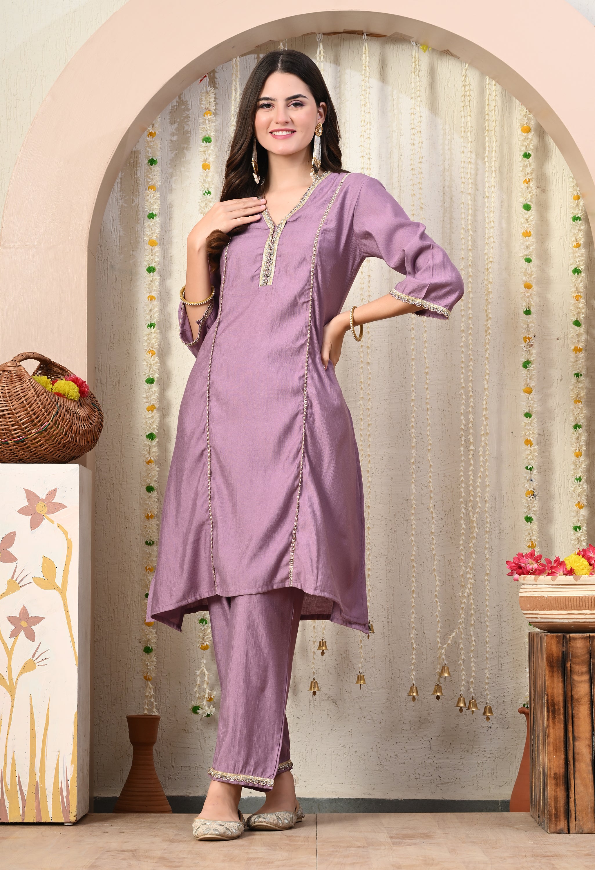 Myshka Lavender Silk Blend Straight Round Neck Three-Quarter Sleeves Kurta Trousers Set - Distacart