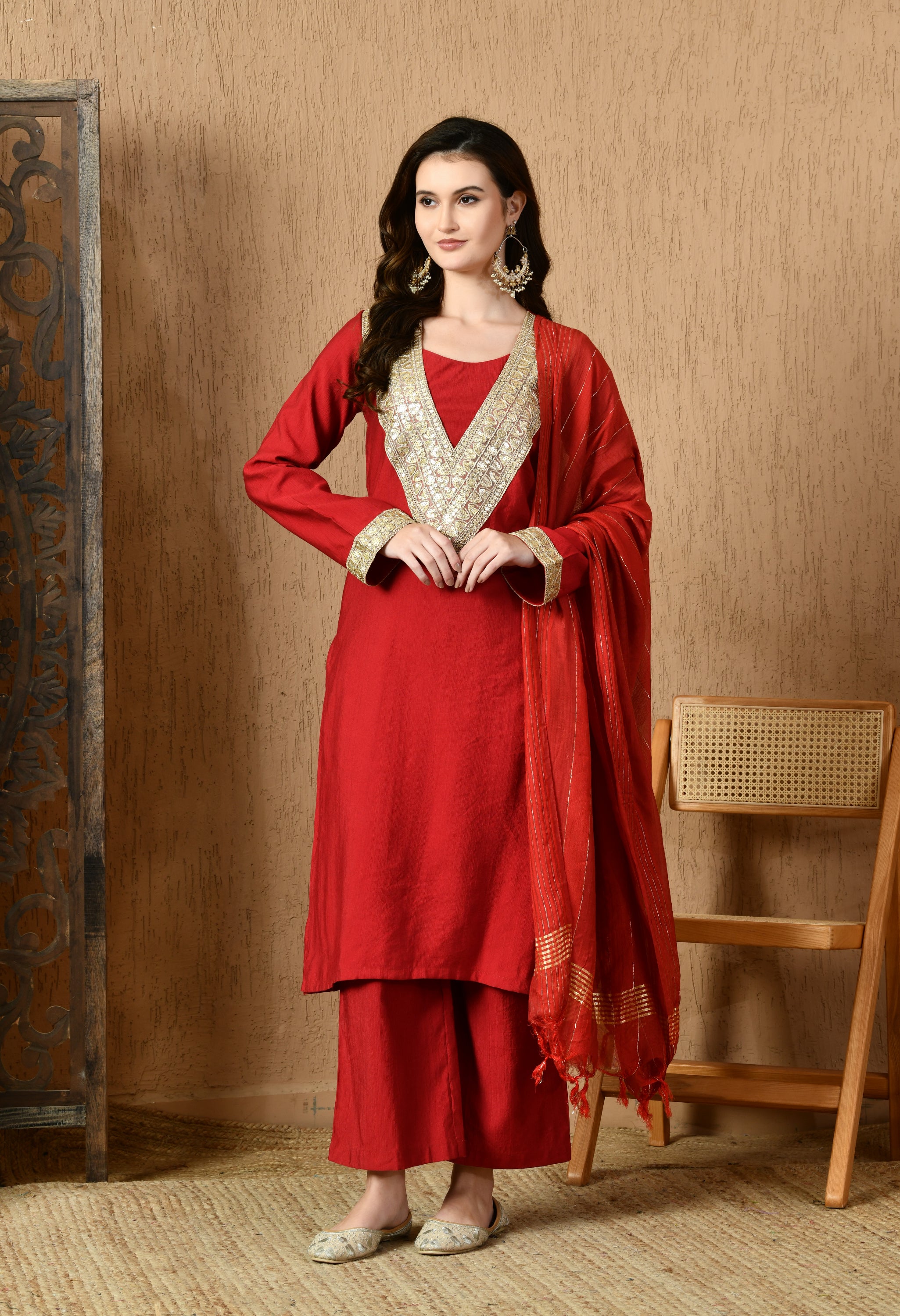 Myshka Red Silk Blend Straight Round Neck Long Sleeves Kurta Trousers With Dupatta - Distacart