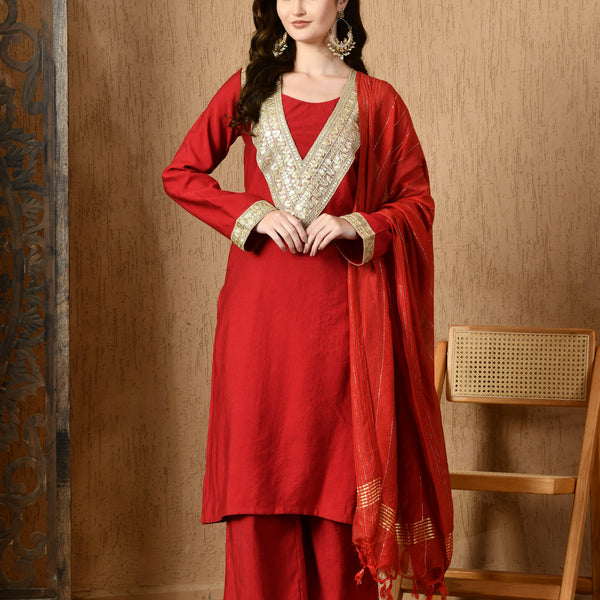 Myshka Red Silk Blend Straight Round Neck Long Sleeves Kurta Trousers With Dupatta - Distacart