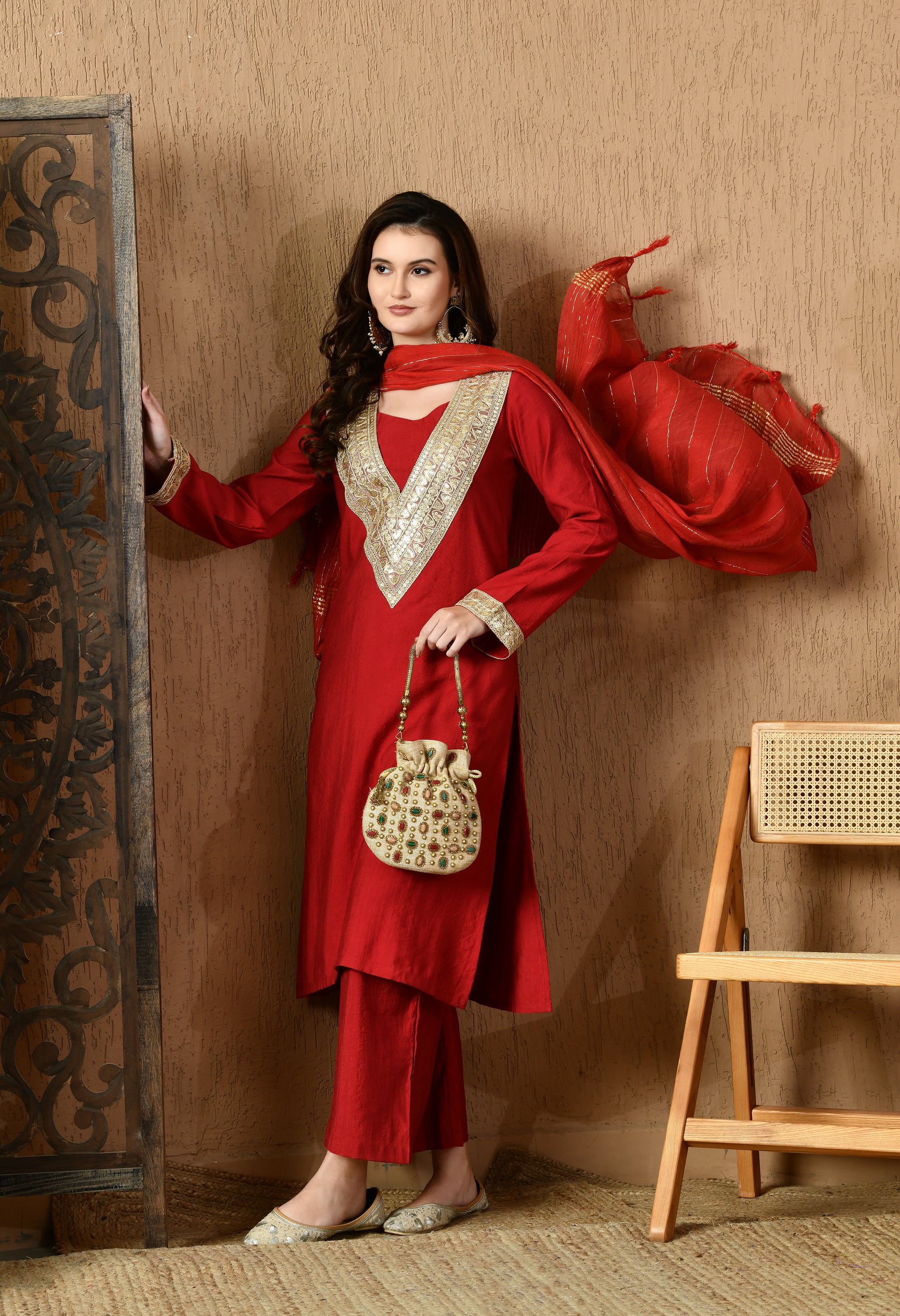 Myshka Red Silk Blend Straight Round Neck Long Sleeves Kurta Trousers With Dupatta - Distacart