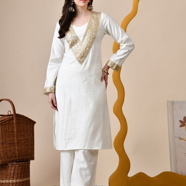Myshka White Silk Blend Straight Round Neck Long Sleeves Kurta Trousers Set - Distacart