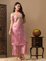 Thumbnail for Myshka Pink Silk Blend Straight Round Neck Short Sleeves Kurta Trousers With Dupatta