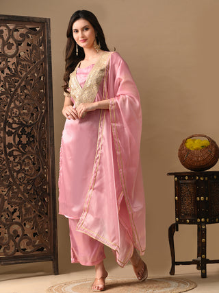 Myshka Pink Silk Blend Straight Round Neck Short Sleeves Kurta Trousers With Dupatta - Distacart