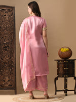 Thumbnail for Myshka Pink Silk Blend Straight Round Neck Short Sleeves Kurta Trousers With Dupatta