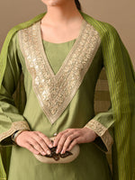 Thumbnail for Myshka Green Silk Blend Straight Round Neck Long Sleeves Kurta Trousers With Dupatta
