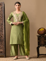 Thumbnail for Myshka Green Silk Blend Straight Round Neck Long Sleeves Kurta Trousers With Dupatta