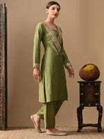 Thumbnail for Myshka Green Silk Blend Straight Round Neck Long Sleeves Kurta Trousers With Dupatta