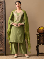 Thumbnail for Myshka Green Silk Blend Straight Round Neck Long Sleeves Kurta Trousers With Dupatta