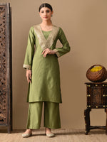 Thumbnail for Myshka Green Silk Blend Straight Round Neck Long Sleeves Kurta Trousers With Dupatta