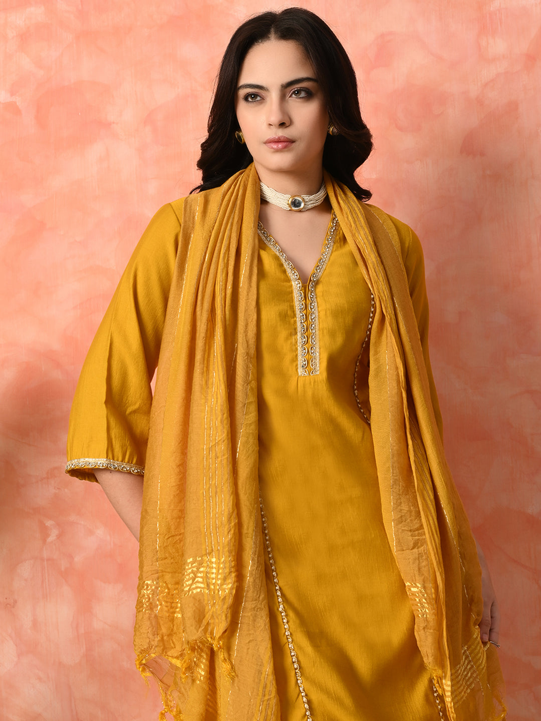 Myshka Musturd Silk Blend Straight V-Neck Three-Quarter Sleeves Kurta Trousers With Dupatta - Distacart