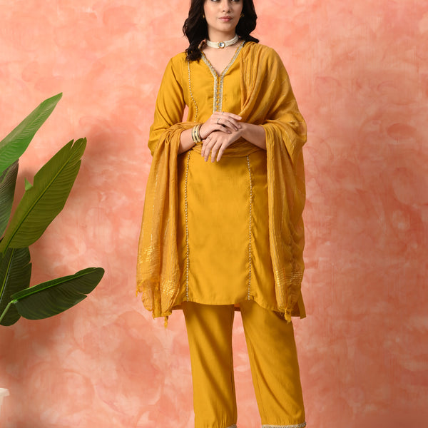 Myshka Musturd Silk Blend Straight V-Neck Three-Quarter Sleeves Kurta Trousers With Dupatta - Distacart