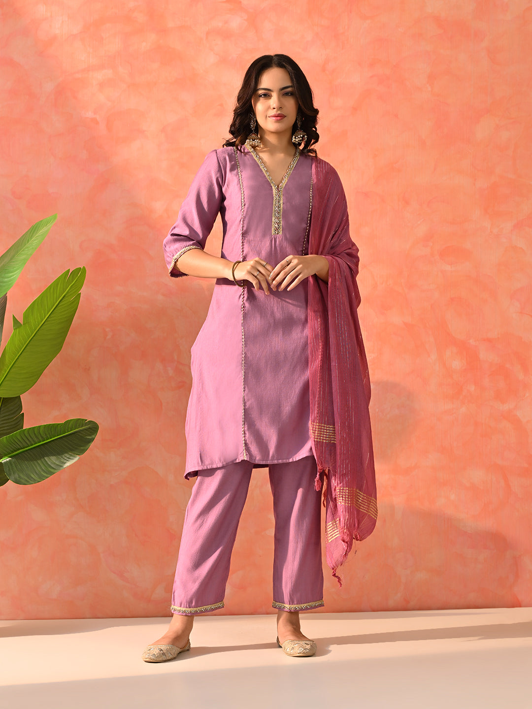 Myshka Lavender Silk Blend Straight V-Neck Three-Quarter Sleeves Kurta Trousers With Dupatta - Distacart