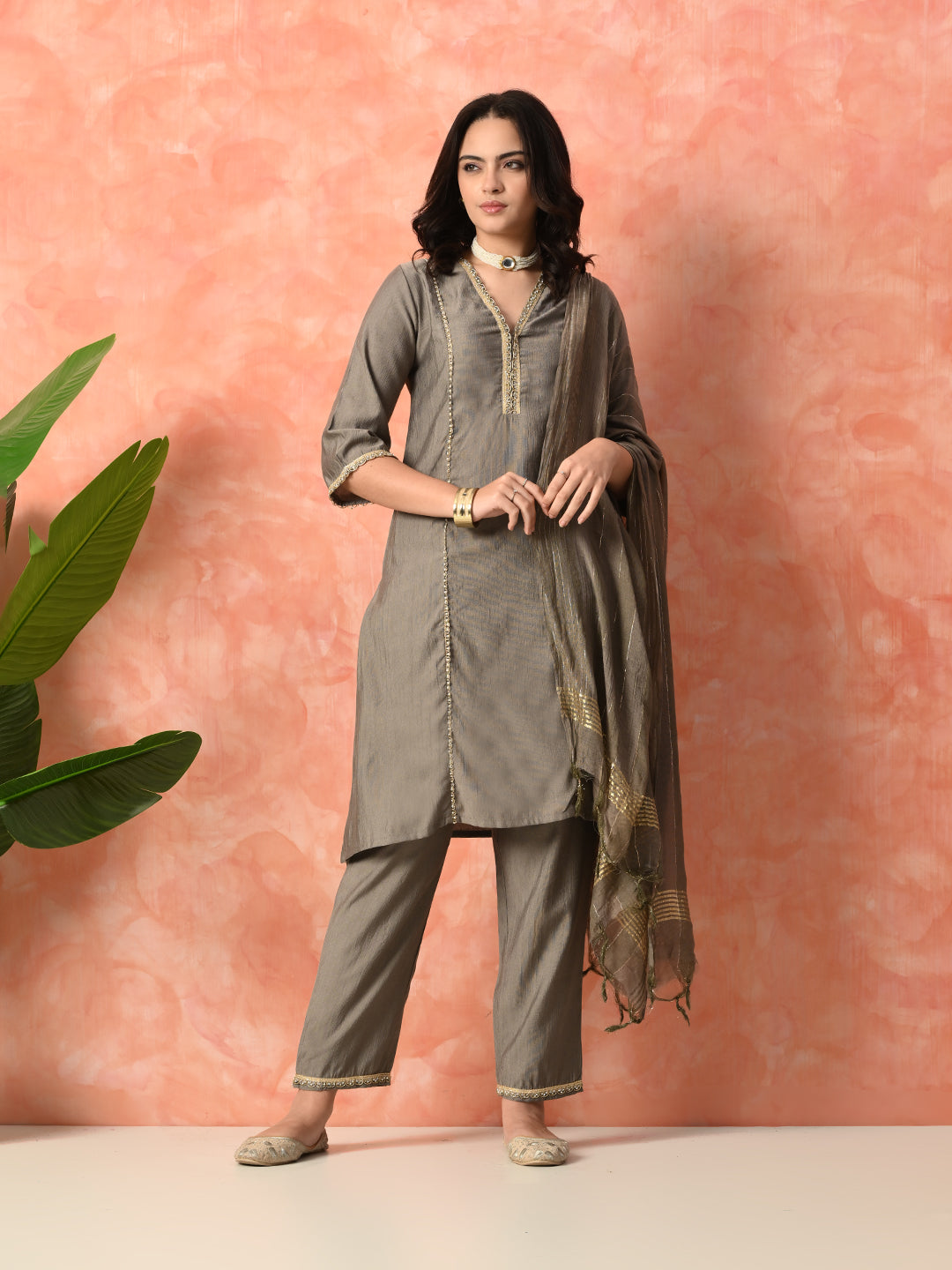 Myshka Gray Silk Blend Straight V-Neck Three-Quarter Sleeves Kurta Trousers With Dupatta - Distacart