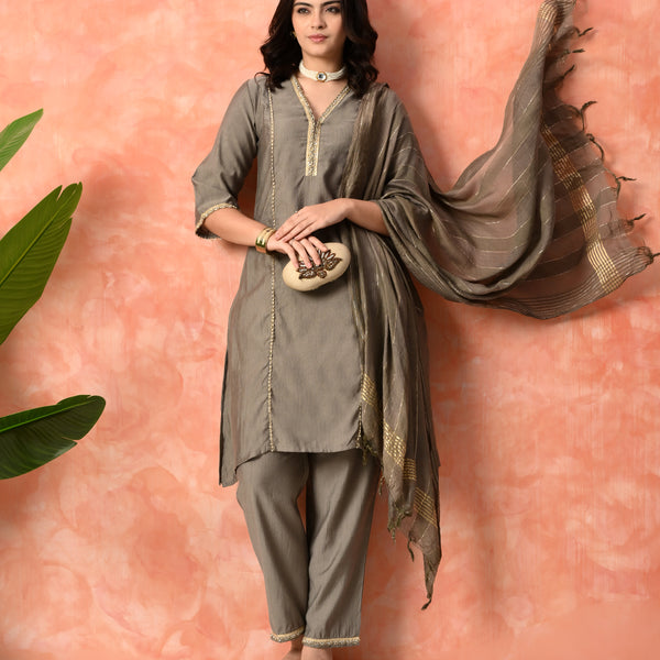 Myshka Gray Silk Blend Straight V-Neck Three-Quarter Sleeves Kurta Trousers With Dupatta - Distacart