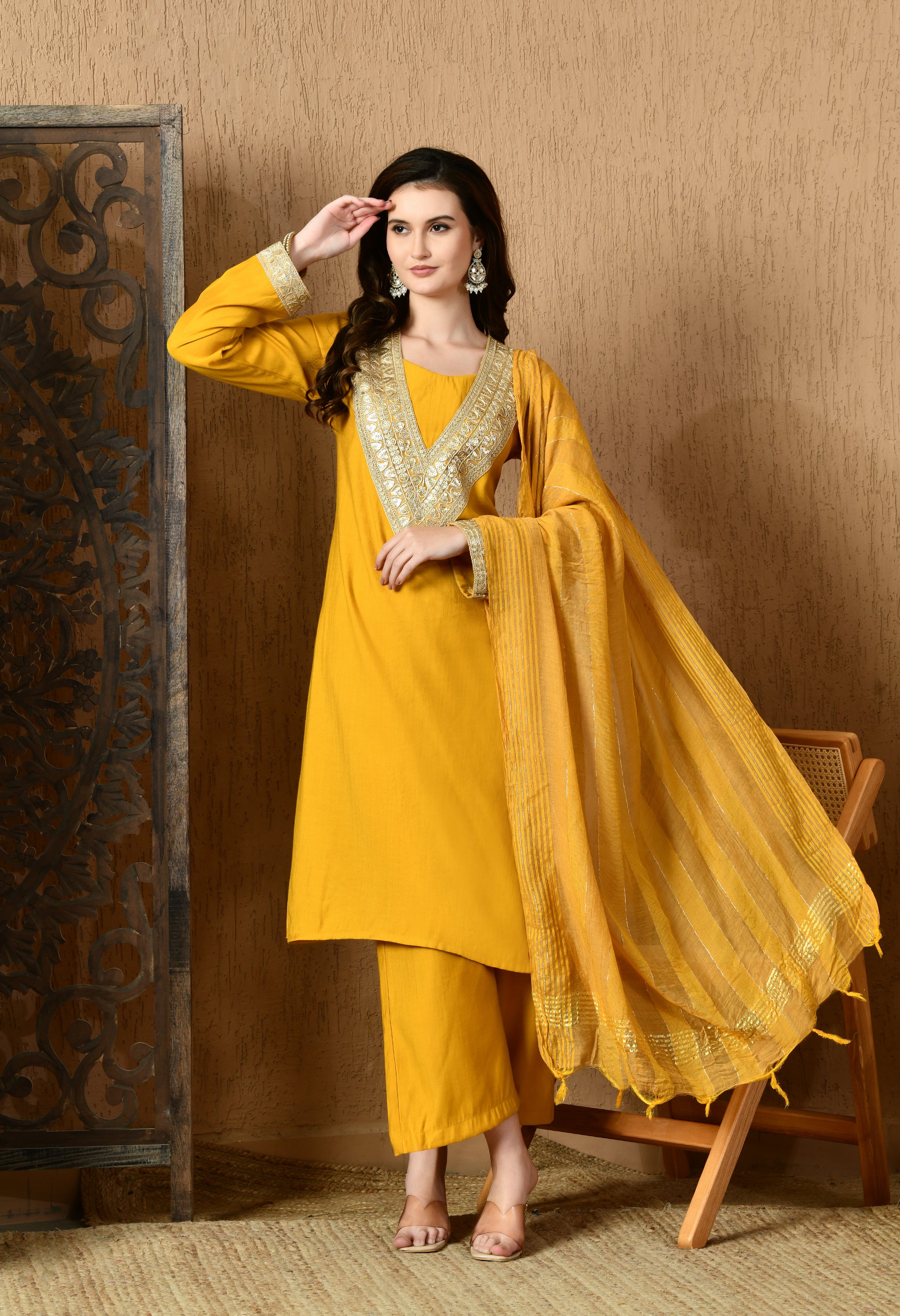 Myshka Musturd Silk Blend Straight Round Neck Long Sleeves Kurta Trousers With Dupatta