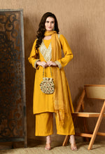 Thumbnail for Myshka Musturd Silk Blend Straight Round Neck Long Sleeves Kurta Trousers With Dupatta