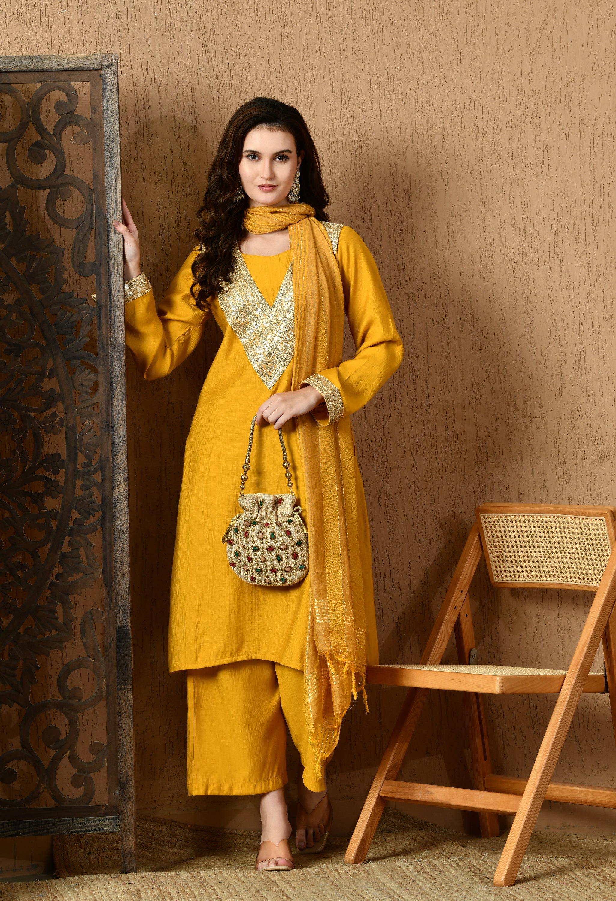 Myshka Musturd Silk Blend Straight Round Neck Long Sleeves Kurta Trousers With Dupatta