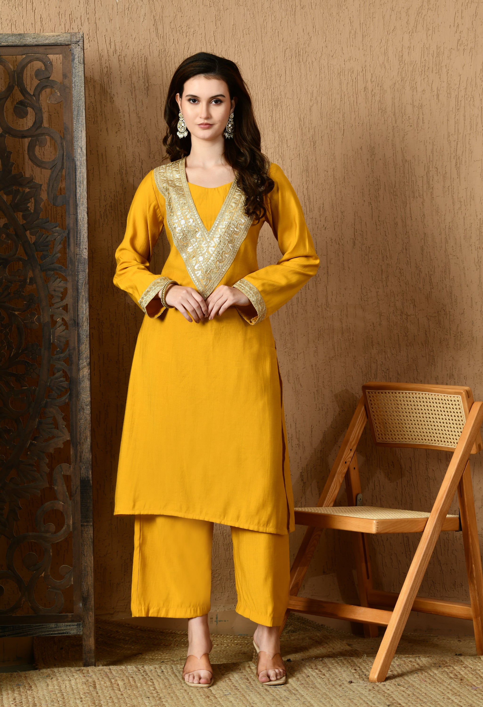 Myshka Musturd Silk Blend Straight Round Neck Long Sleeves Kurta Trousers With Dupatta - Distacart