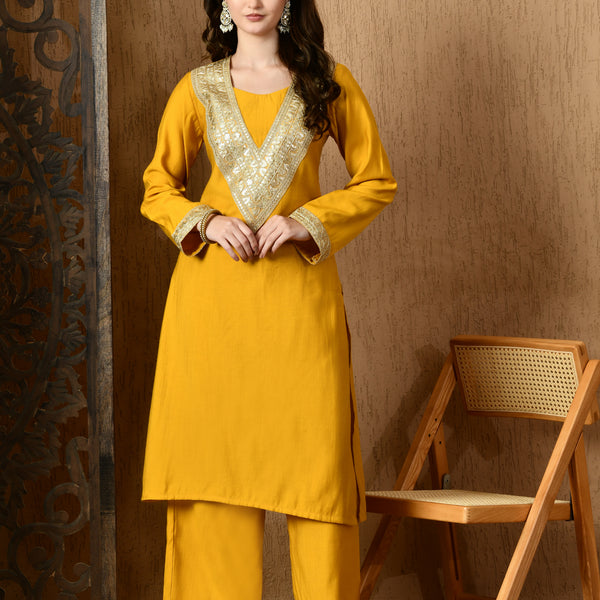 Myshka Musturd Silk Blend Straight Round Neck Long Sleeves Kurta Trousers With Dupatta - Distacart
