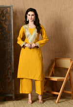 Thumbnail for Myshka Musturd Silk Blend Straight Round Neck Long Sleeves Kurta Trousers With Dupatta