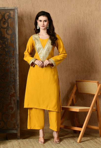 Myshka Musturd Silk Blend Straight Round Neck Long Sleeves Kurta Trousers With Dupatta
