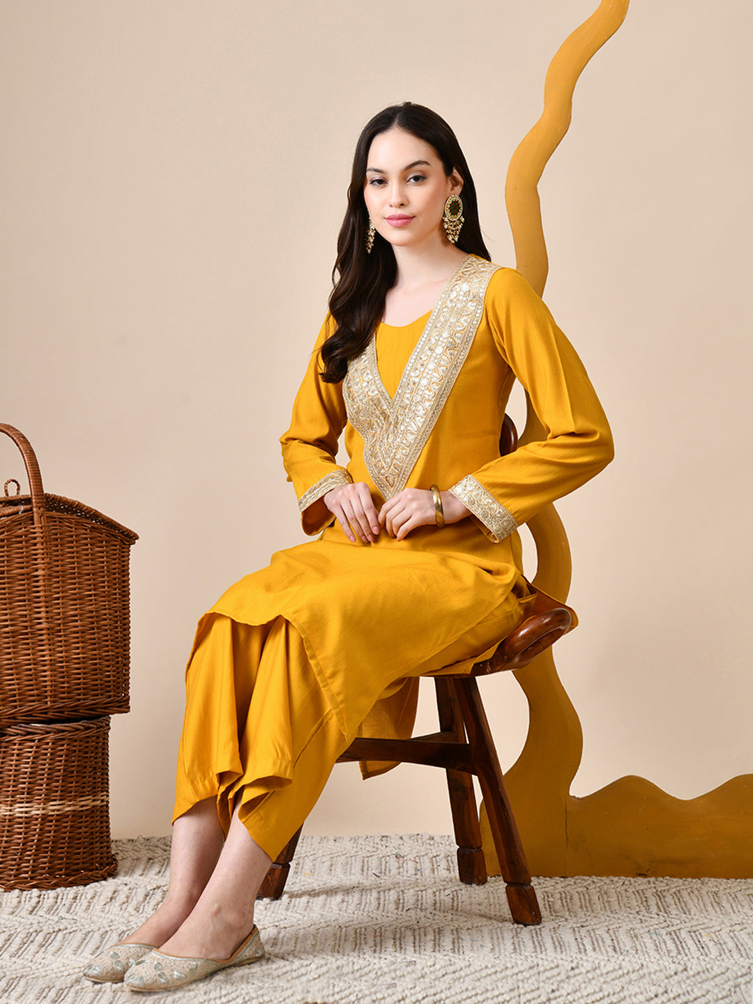 Myshka Musturd Silk Blend Straight Round Neck Long Sleeves Kurta Trousers Set