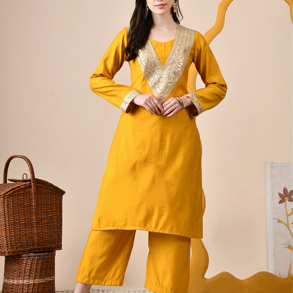 Myshka Musturd Silk Blend Straight Round Neck Long Sleeves Kurta Trousers Set - Distacart
