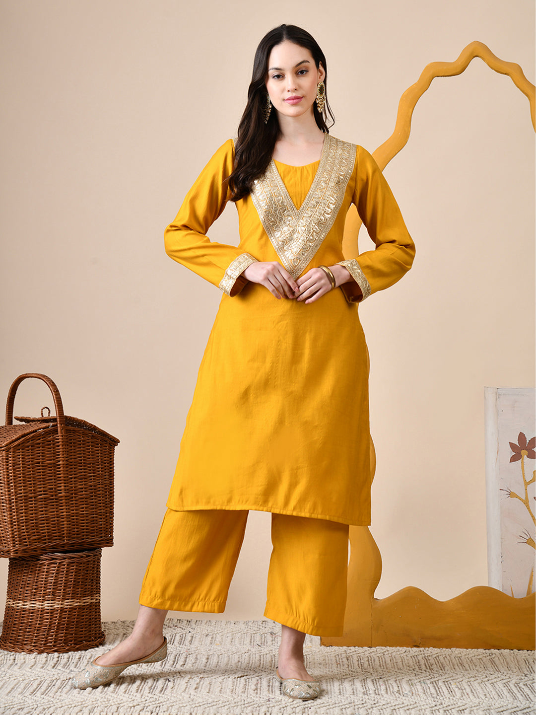 Myshka Musturd Silk Blend Straight Round Neck Long Sleeves Kurta Trousers Set - Distacart