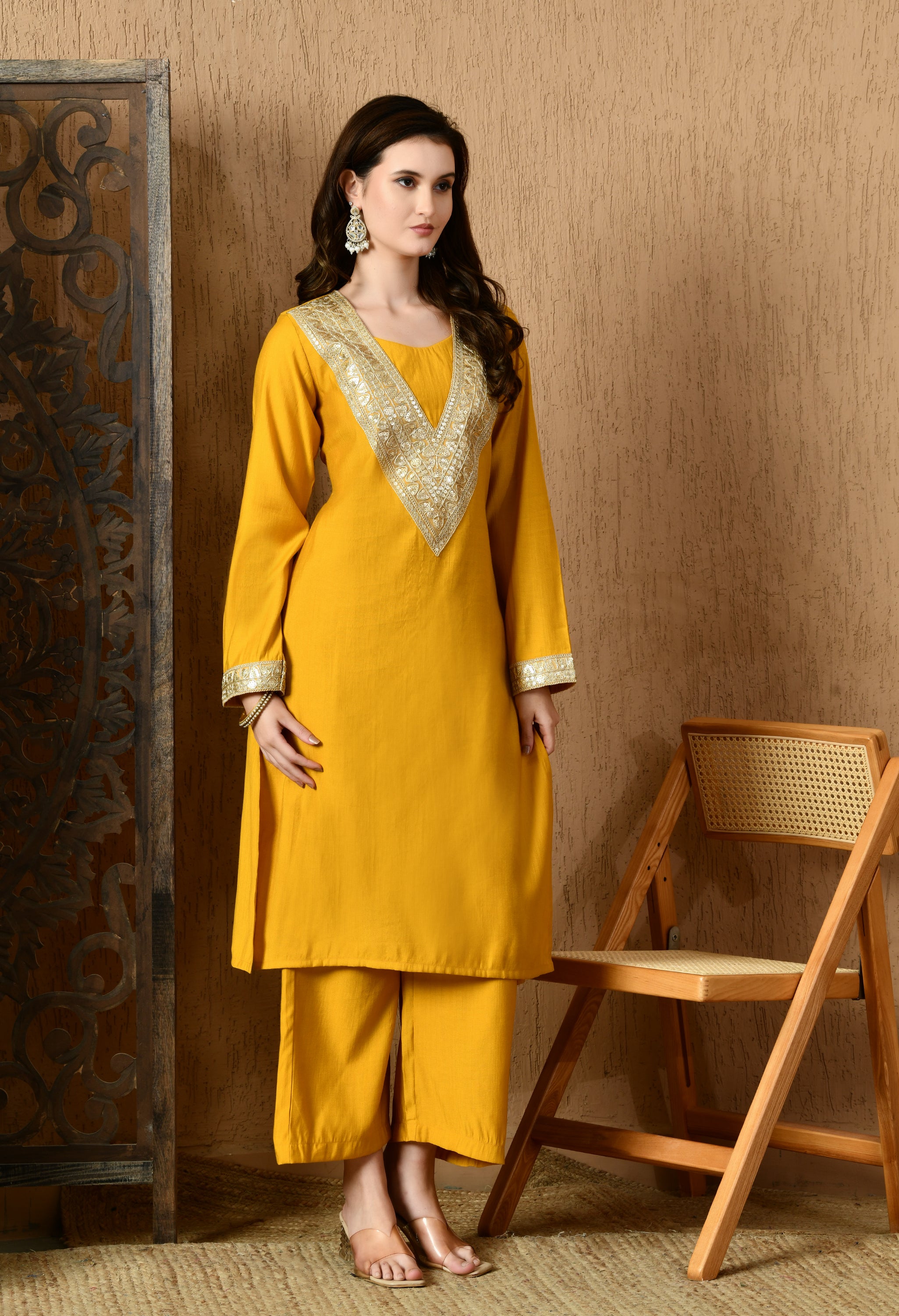 Myshka Musturd Silk Blend Straight Round Neck Long Sleeves Kurta Trousers With Dupatta